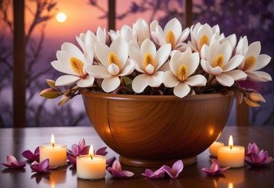 Candlelit magnolia blooms in a wooden bowl