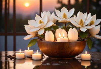 A bowl of magnolias and candles at sunset