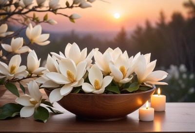 White magnolia flowers in a wooden bowl at sunset