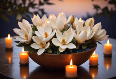 Wooden bowl of white magnolias and candles