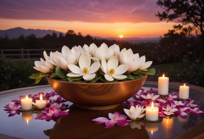 Magnolia flowers in a bowl with petals at sunset