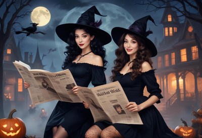 Two witches read the news on a spooky halloween night