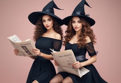 Two women dressed as witches read newspapers