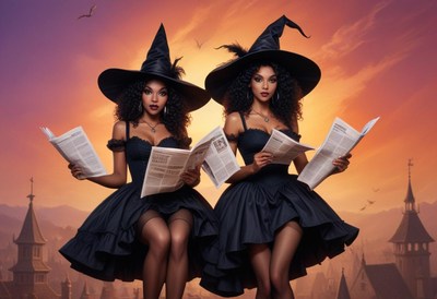 Two witches read newspapers while floating above a town