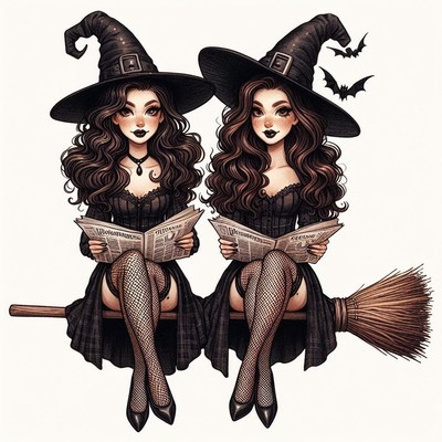 Two witches read newspapers while flying on a broom