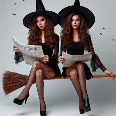 Two witch-dressed women read on a broomstick