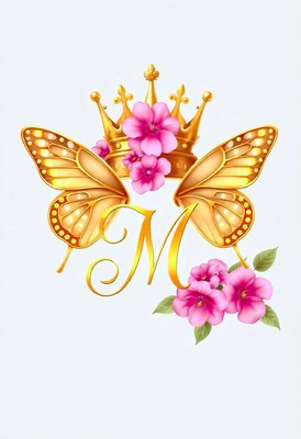 A golden crown and butterflies surround a golden letter m