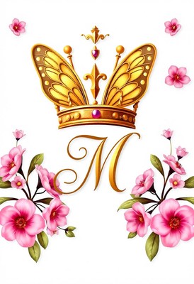 Gold crown with butterfly wings and pink flowers by m