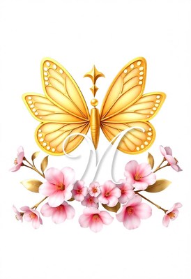 A golden butterfly with pink flowers