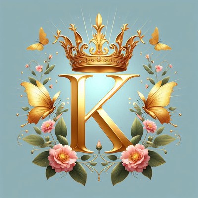 A golden k with a crown and butterflies