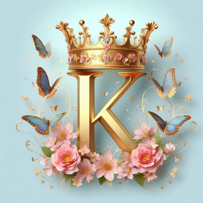 A gold letter k with a crown and flowers