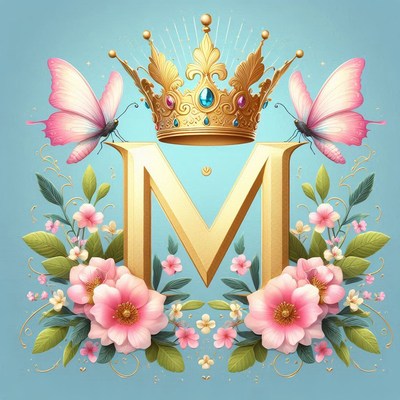 A gold letter m with a crown and butterflies