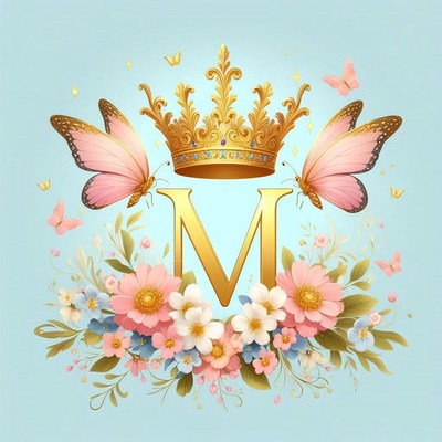 A golden crown sits above a floral letter m