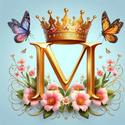 A golden letter m with a crown and butterflies