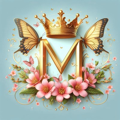 A golden letter m adorned with a crown and butterflies