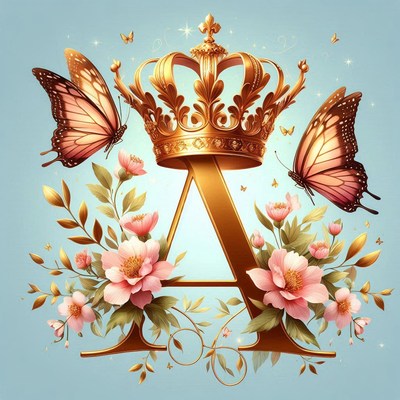 A golden letter a with a crown and butterflies