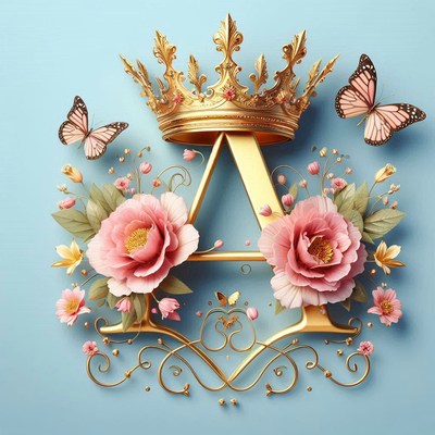 A golden letter a adorned with flowers and a crown
