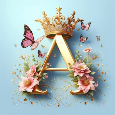 A golden letter a adorned with a crown and flowers