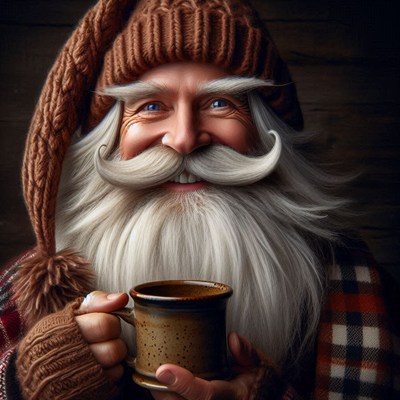 A jolly santa claus smiles while holding a mug