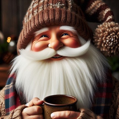 Santa claus enjoys a warm drink by the fire