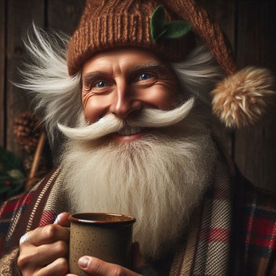 A jolly man with a white beard sips a warm drink