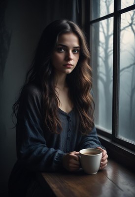 A young woman with long brown hair is sitting by a window