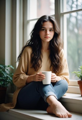 A young woman sits by a window, enjoying a cup of coffee