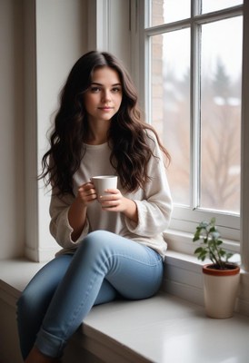 A young woman sits by a window, enjoying a warm drink