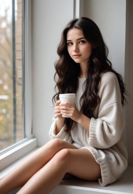 A woman sits by the window with a cup of coffee