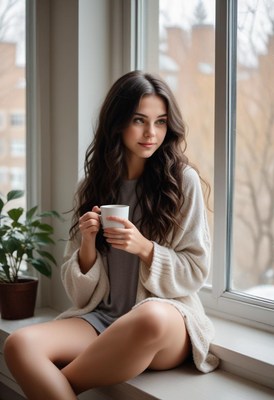 A woman sits by a window, enjoying a cup of coffee