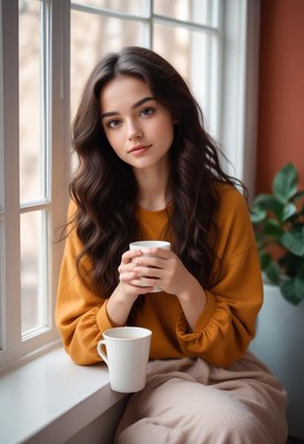 A woman enjoys a warm drink by a window