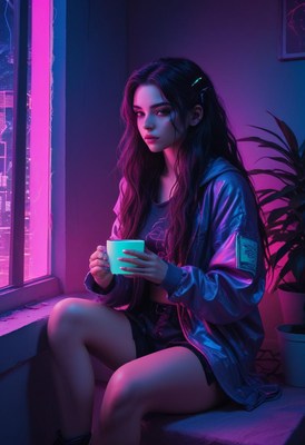 Woman sips a drink in a neon-lit room by the window