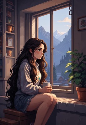 Woman enjoys coffee by window with mountain view