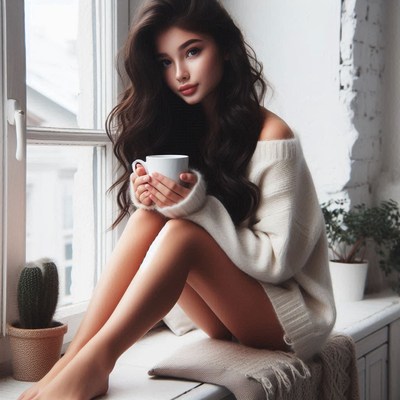 A woman enjoys a cup of coffee while sitting by the window