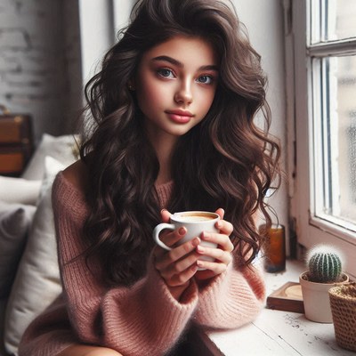 A woman enjoys a warm drink by the window