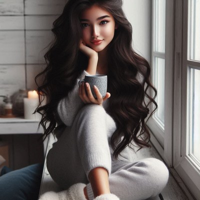 A woman enjoys a cup of coffee by the window