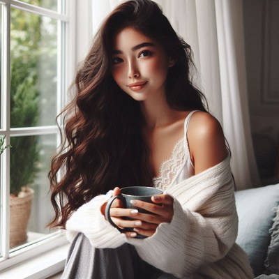 A woman enjoys a warm drink by the window