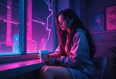 Woman sipping tea by neon window