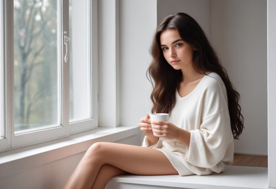 A woman sits by a window, enjoying a cup of coffee