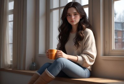 A woman enjoys a warm drink by a window on a sunny day