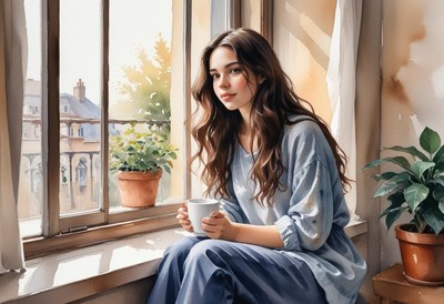 A woman enjoys a cup of coffee by the window