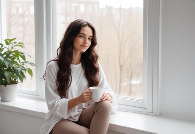 A woman sits by a window, enjoying a cup of coffee