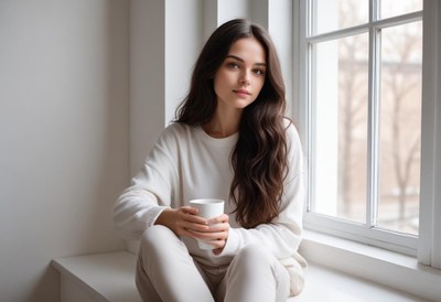 A woman sits by the window, enjoying a cup of coffee