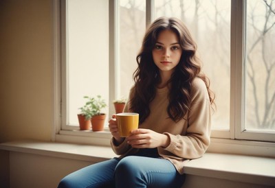 A woman enjoys a cup of coffee by the window