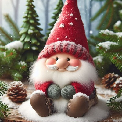 A smiling gnome sits in the snow