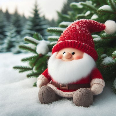 A smiling santa sits in the snow near a pine tree