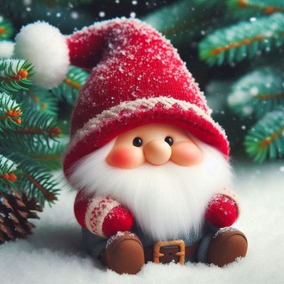 A smiling gnome sits in the snow