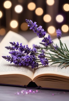 Lavender flowers rest atop an open book