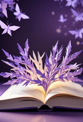 Open Book with Purple Paper Butterflies