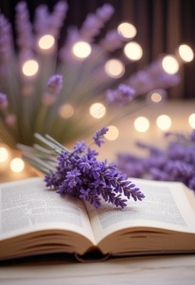 Lavender flowers rest on an open book